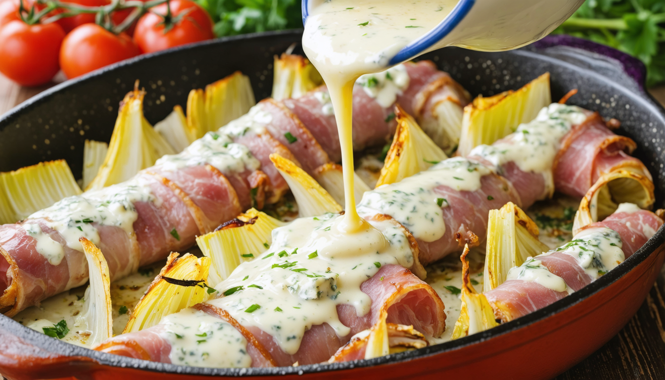 découvrez notre recette savoureuse d'endives braisées au jambon, généreusement nappées d'une crème onctueuse au bleu, pour un plat gourmand et réconfortant.
