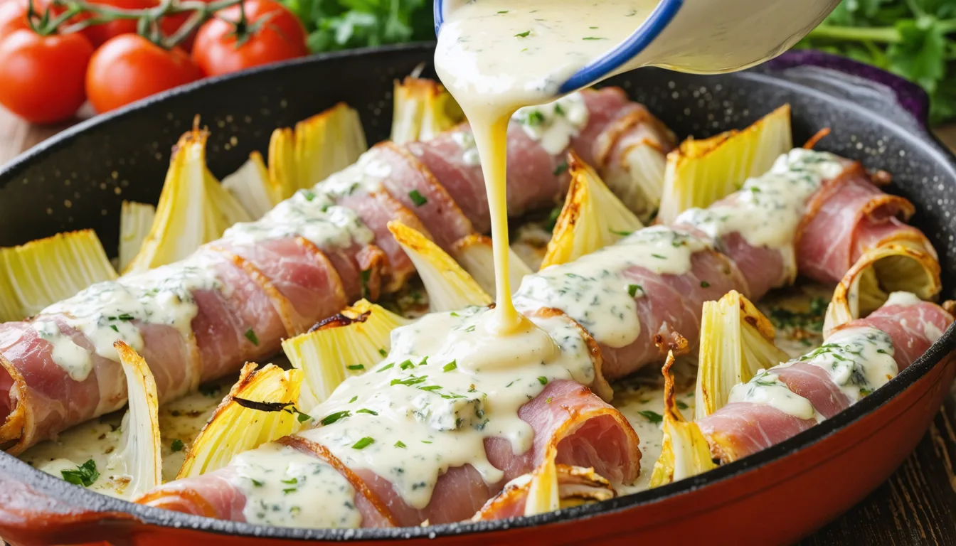 découvrez notre recette savoureuse d'endives braisées au jambon, généreusement nappées d'une crème onctueuse au bleu, pour un plat gourmand et réconfortant.