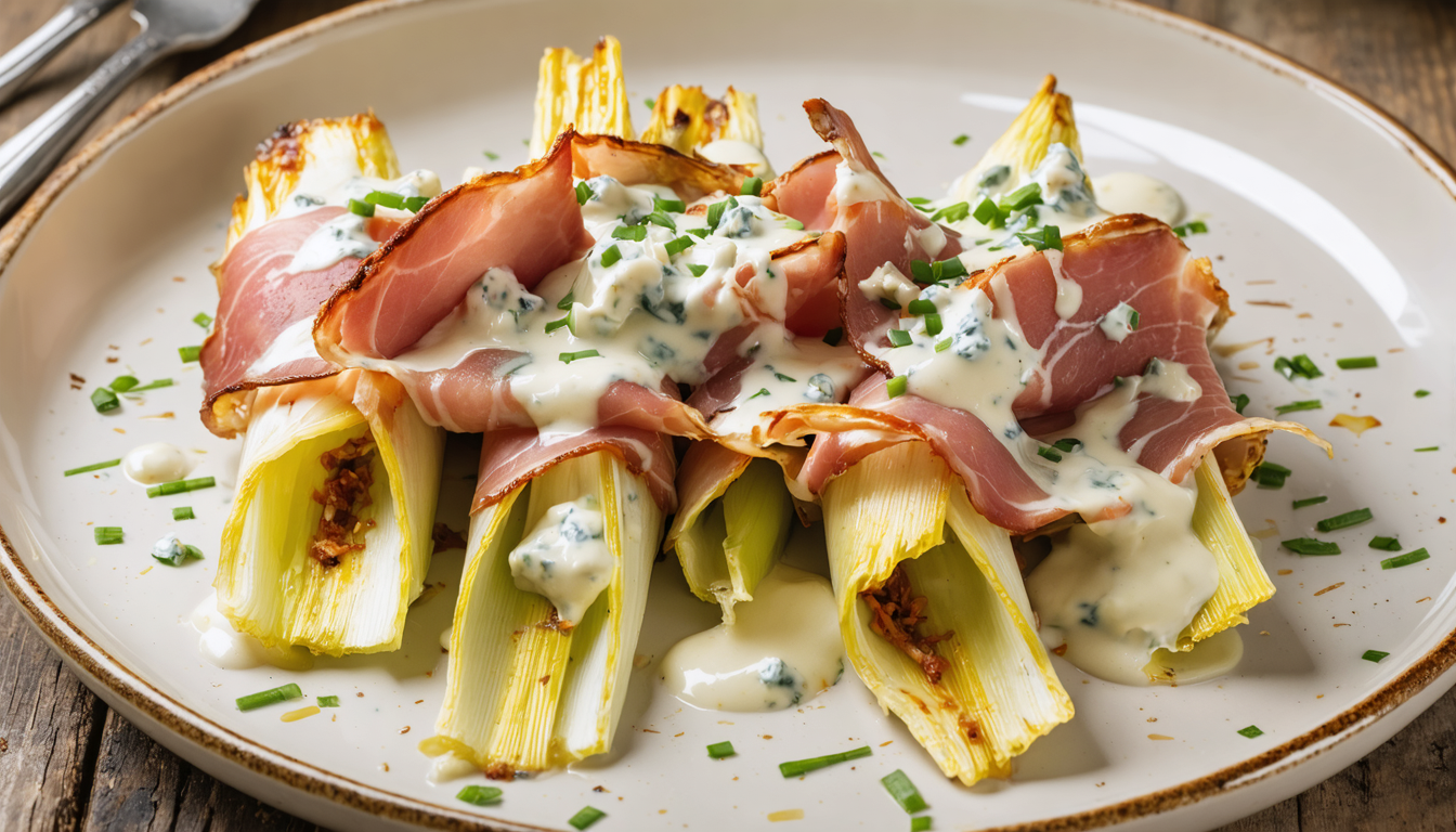 découvrez la recette savoureuse des endives braisées au jambon, généreusement nappées d'une crème onctueuse au bleu pour un plat réconfortant et gourmand.