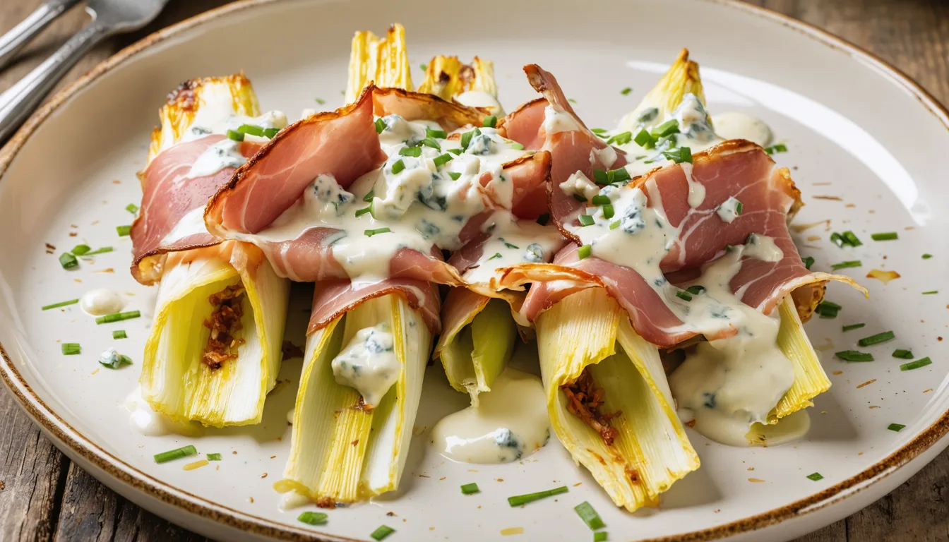 découvrez la recette savoureuse des endives braisées au jambon, généreusement nappées d'une crème onctueuse au bleu pour un plat réconfortant et gourmand.