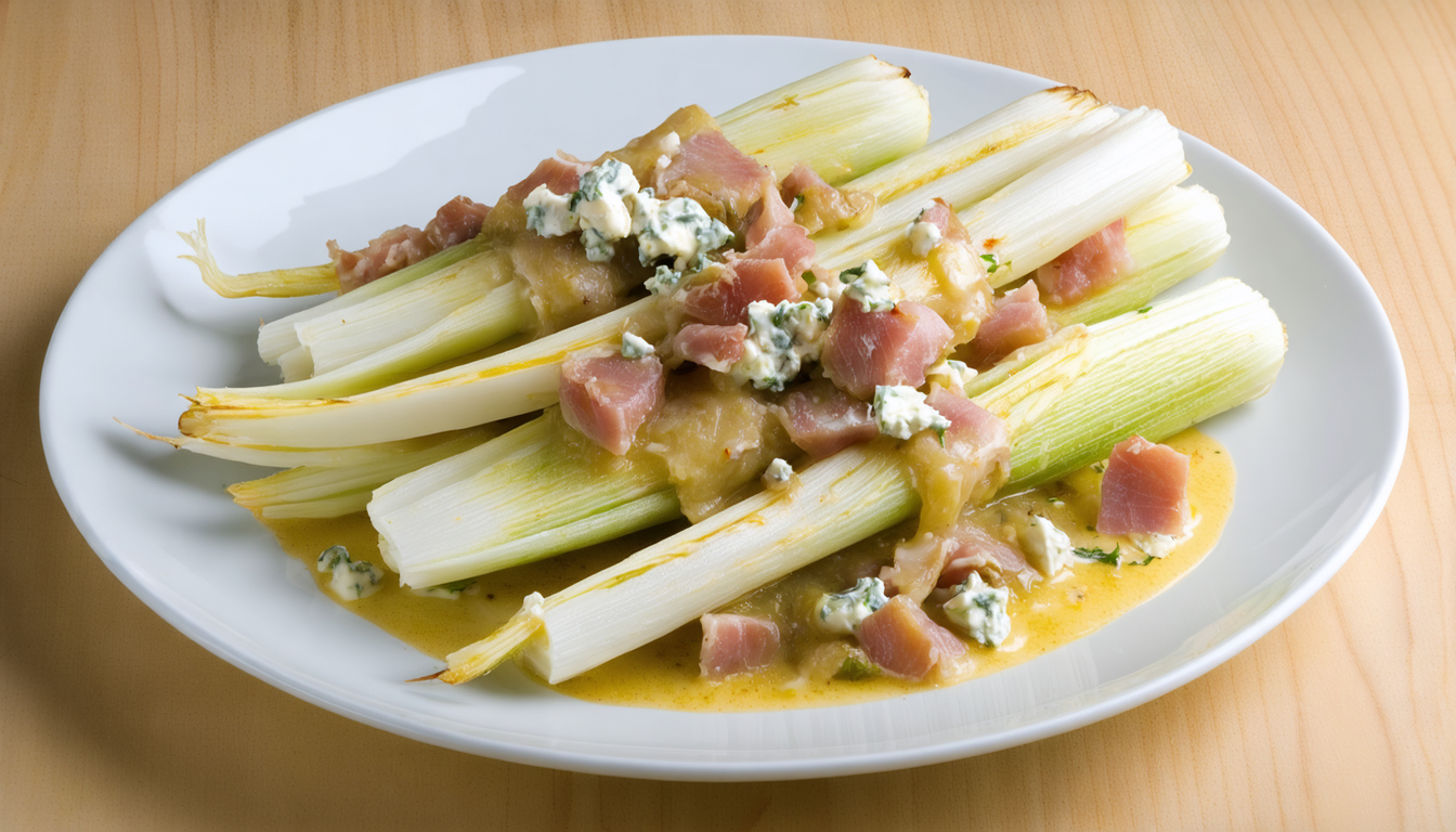 découvrez notre recette savoureuse d'endives braisées au jambon, délicatement nappées d'une crème onctueuse au fromage bleu pour un plat réconfortant et gourmand.