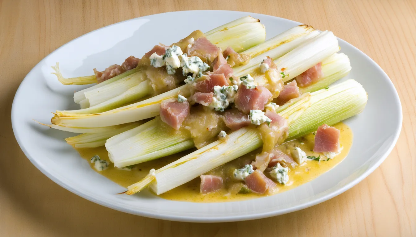 découvrez notre recette savoureuse d'endives braisées au jambon, délicatement nappées d'une crème onctueuse au fromage bleu pour un plat réconfortant et gourmand.