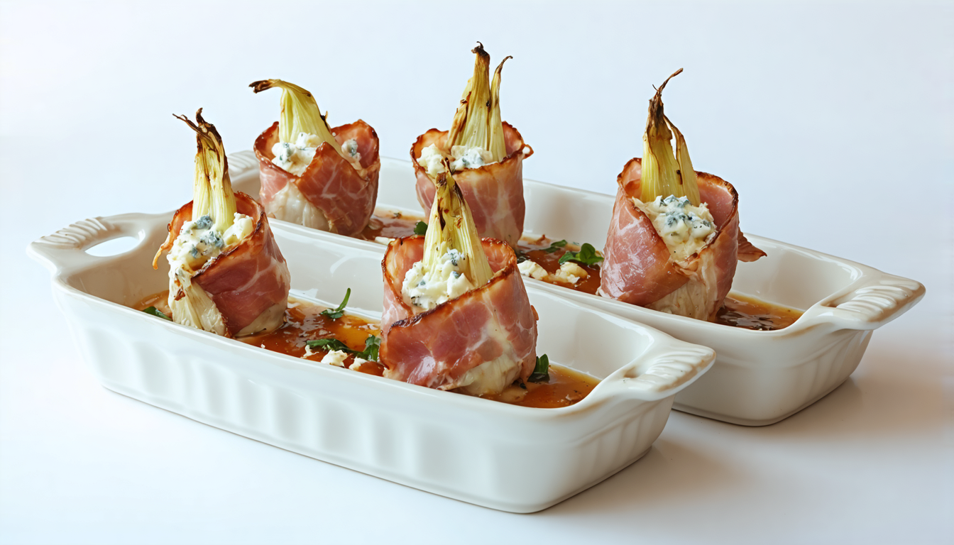 découvrez notre recette savoureuse d'endives braisées au jambon, nappées d'une crème onctueuse au fromage bleu, pour un plat gourmand et réconfortant.