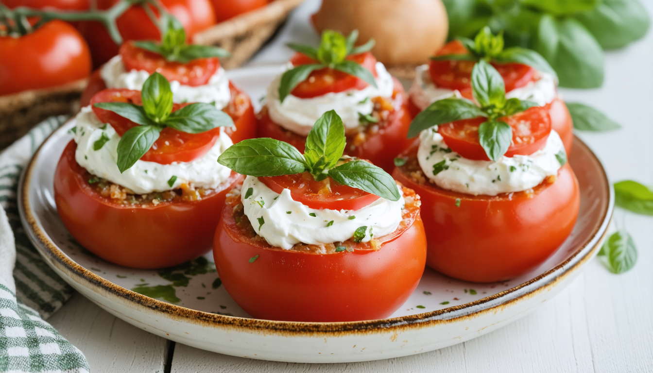 découvrez notre recette légère de tomates farcies au fromage frais, rehaussée d'une note de menthe fraîche pour un plat savoureux et rafraîchissant.