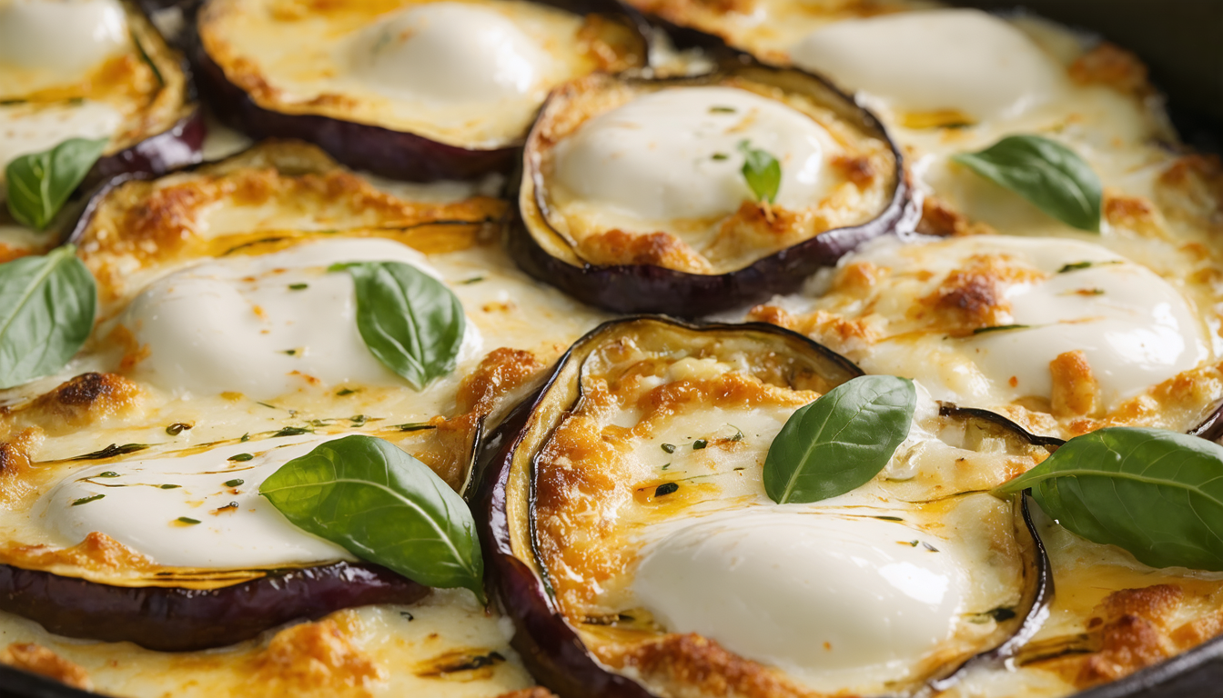 découvrez notre recette savoureuse de gratin d'aubergines fondantes, agrémentée de mozzarella di bufala campana pour un plat gourmand et authentique.