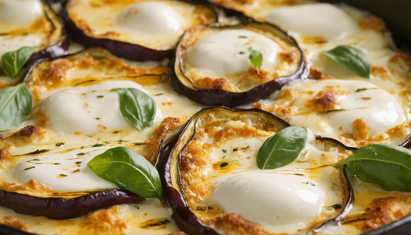 découvrez notre recette savoureuse de gratin d'aubergines fondantes, agrémentée de mozzarella di bufala campana pour un plat gourmand et authentique.