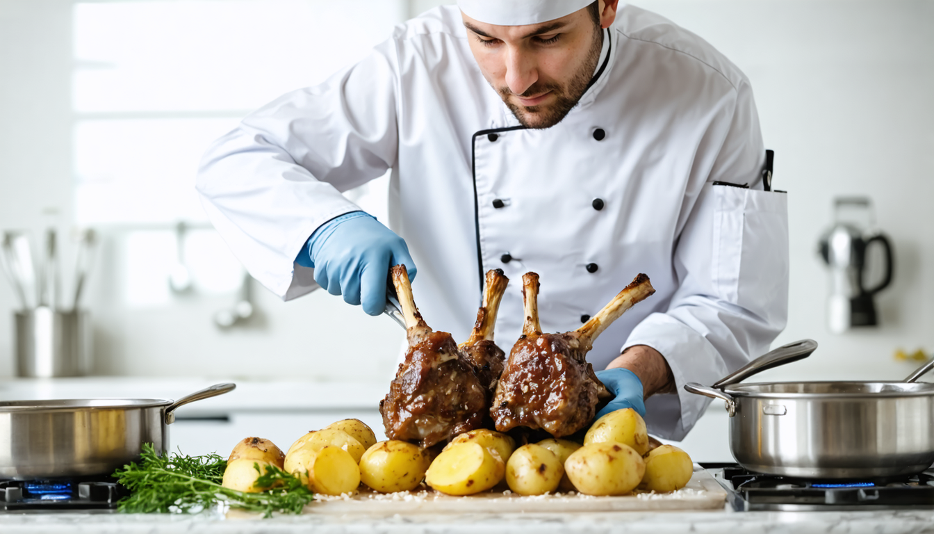 savourez nos délicieuses souris d'agneau confites au four, tendres et fondantes, accompagnées de pommes de terre vapeur pour un repas réconfortant et gourmand.