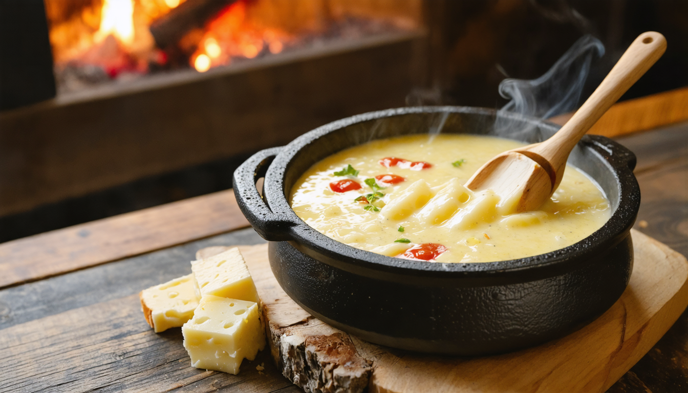 découvrez notre fondue suisse authentique allégée, préparée avec du gruyère et du vacherin pour un goût riche et savoureux, tout en restant légère.