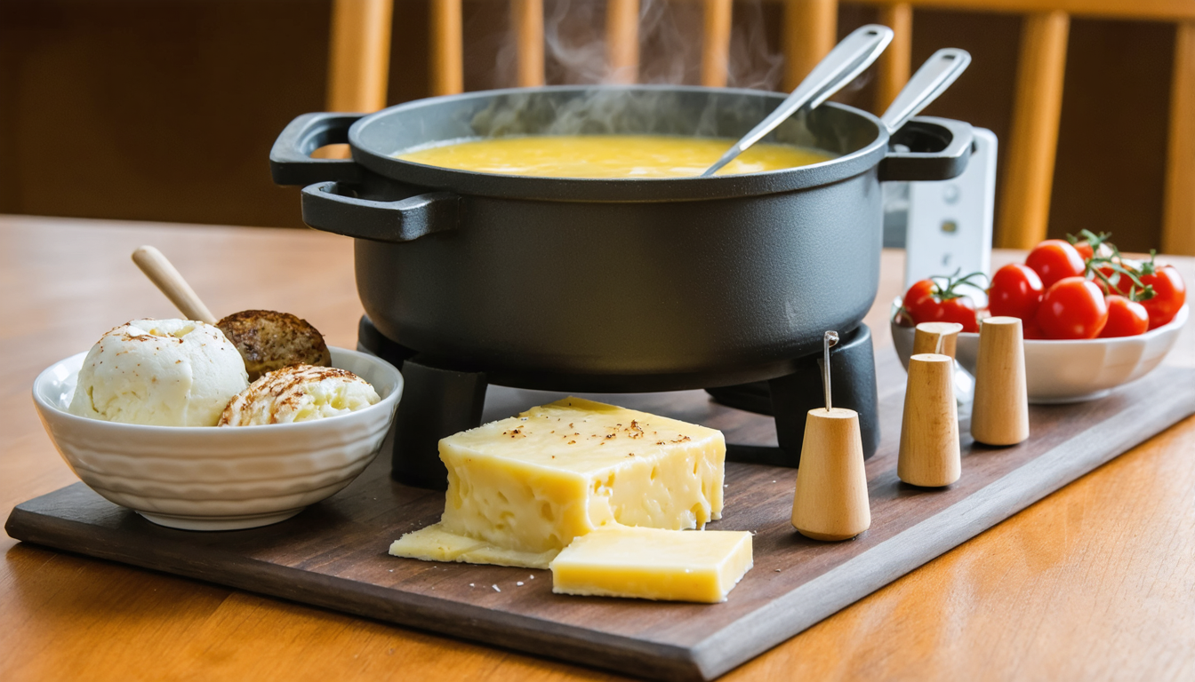 découvrez notre fondue suisse authentique allégée, préparée avec du gruyère et du vacherin pour une saveur riche et légère, parfaite pour vos repas conviviaux.