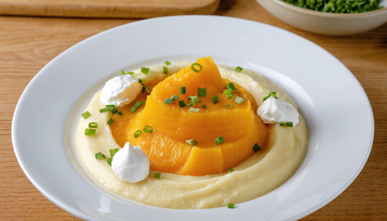 découvrez l'harmonie gourmande avec une purée onctueuse de céleri et potimarron délicatement relevée au fromage frais, pour une recette savoureuse et réconfortante.