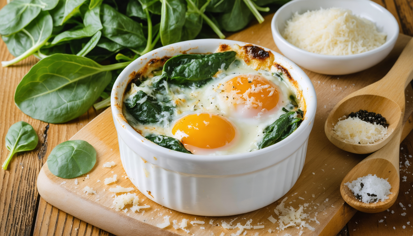 découvrez la recette légère et savoureuse de l'œuf cocotte aux épinards et parmesan, idéale pour prolonger votre bronzage tout en vous régalant.