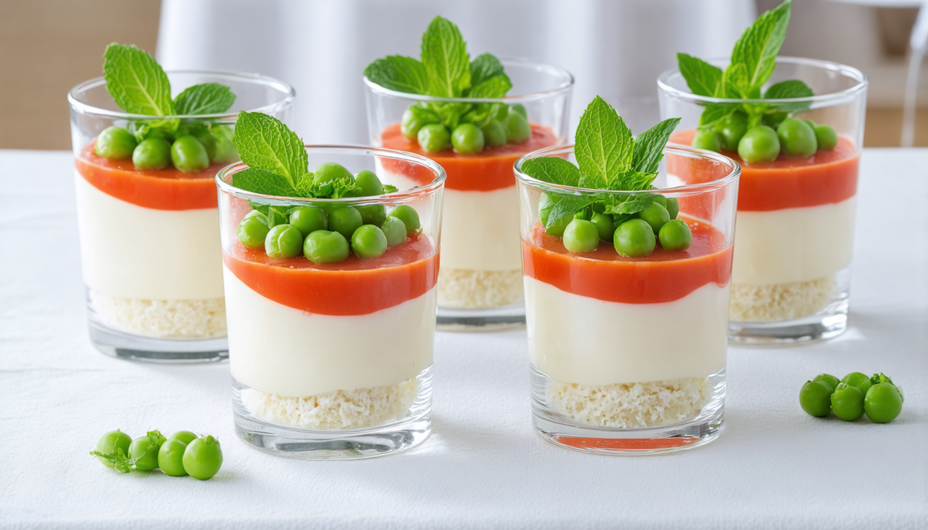 découvrez une recette gourmande et raffinée de panna cotta au fromage frais, accompagnée d'une onctueuse crème de tomate et de petits pois frais, parfaite pour surprendre vos invités.