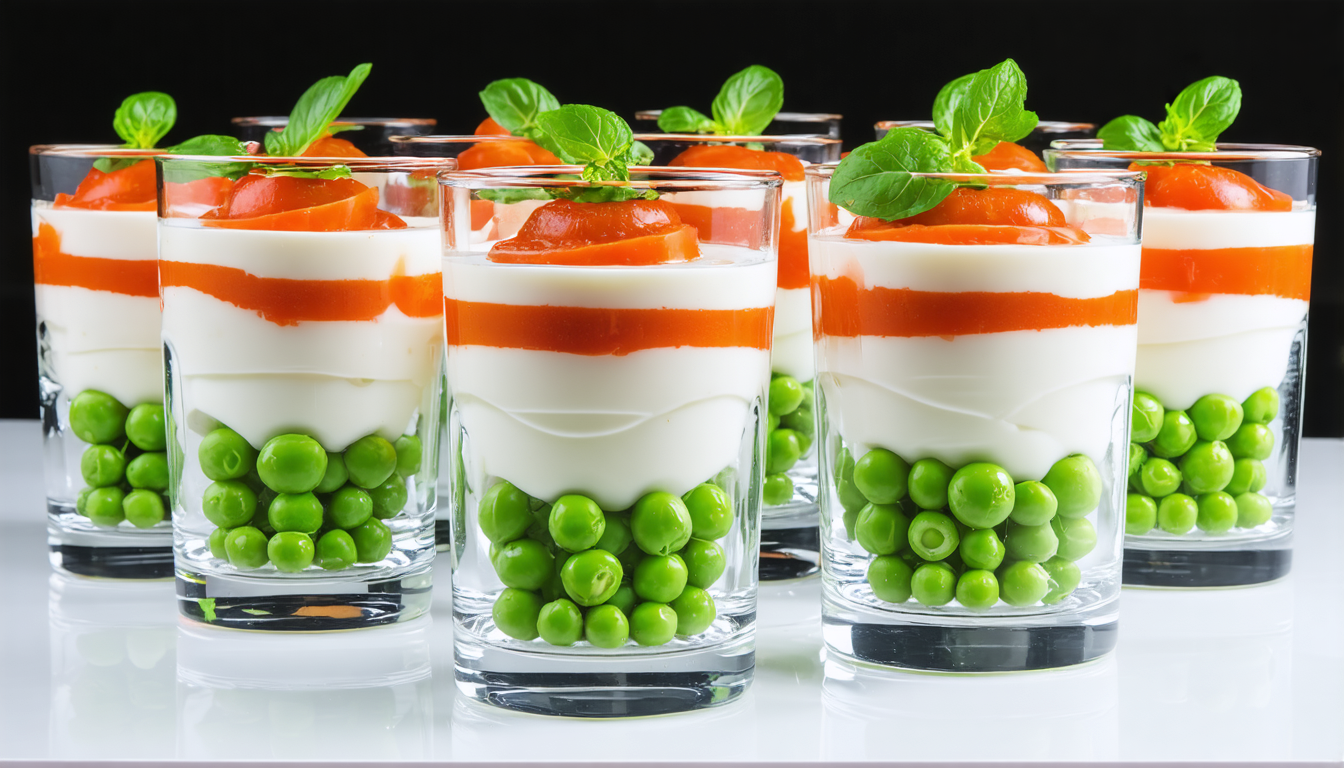 découvrez une recette gourmande et raffinée de panna cotta au fromage frais, accompagnée d'une crème de tomate onctueuse et de petits pois frais pour une explosion de saveurs.