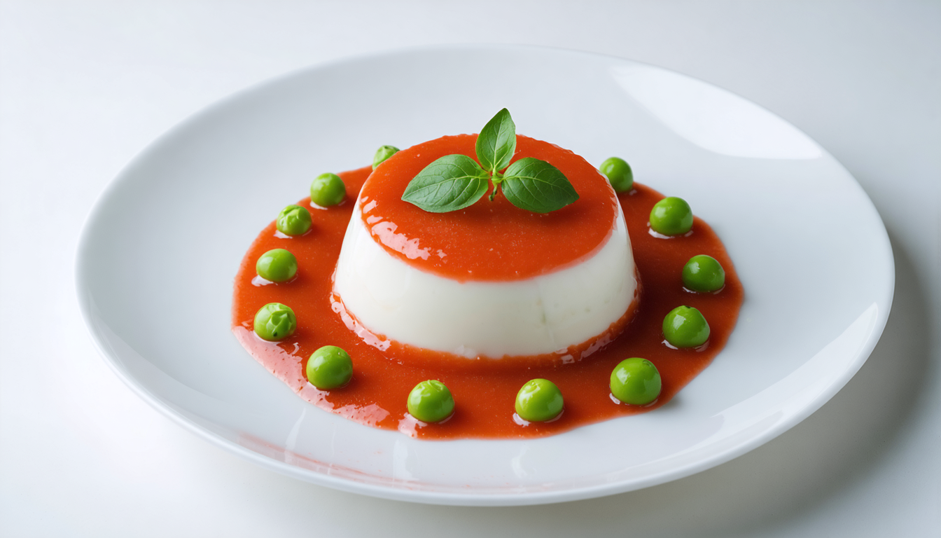 découvrez notre recette gourmande et raffinée de panna cotta au fromage frais, accompagnée d'une crème de tomate onctueuse et de petits pois frais, idéale pour un repas élégant et savoureux.