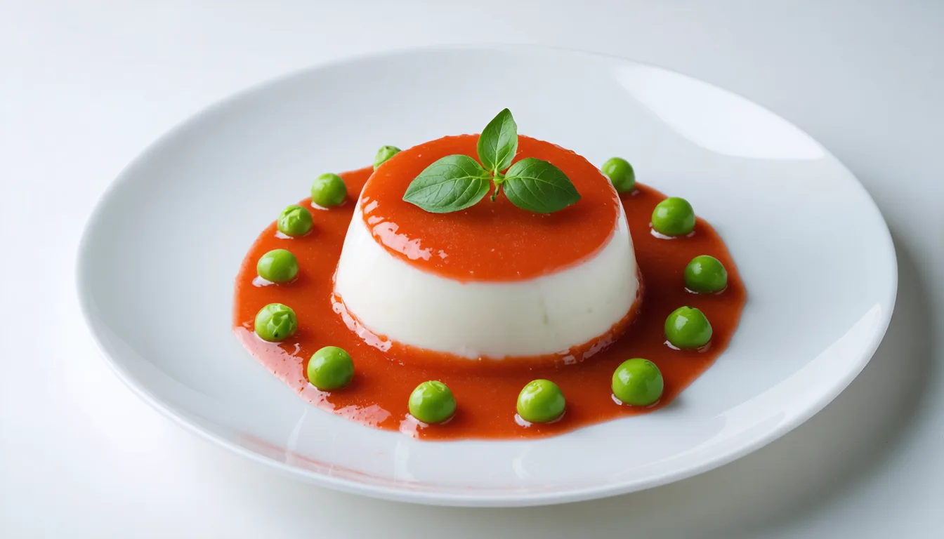 découvrez notre recette gourmande et raffinée de panna cotta au fromage frais, accompagnée d'une crème de tomate onctueuse et de petits pois frais, idéale pour un repas élégant et savoureux.