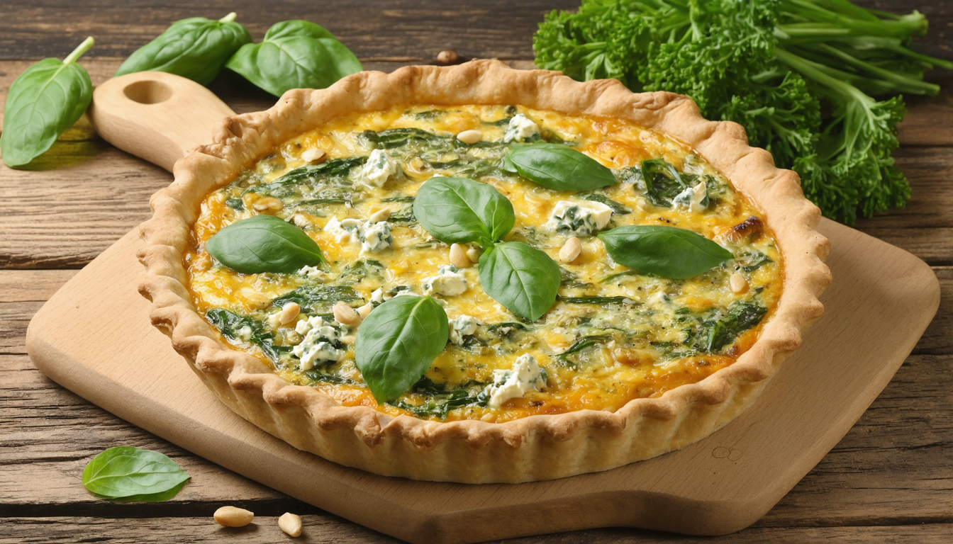 découvrez notre recette simple et savoureuse de quiche gourmande au bleu, épinards frais et pignons de pin, parfaite pour un repas délicieux et équilibré.