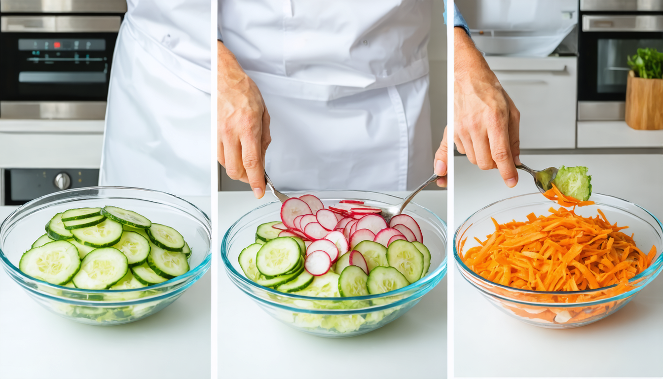 découvrez une recette express de salade croquante alliant concombre, radis, fromage frais et chips de carotte pour une explosion de saveurs et de textures en un rien de temps.