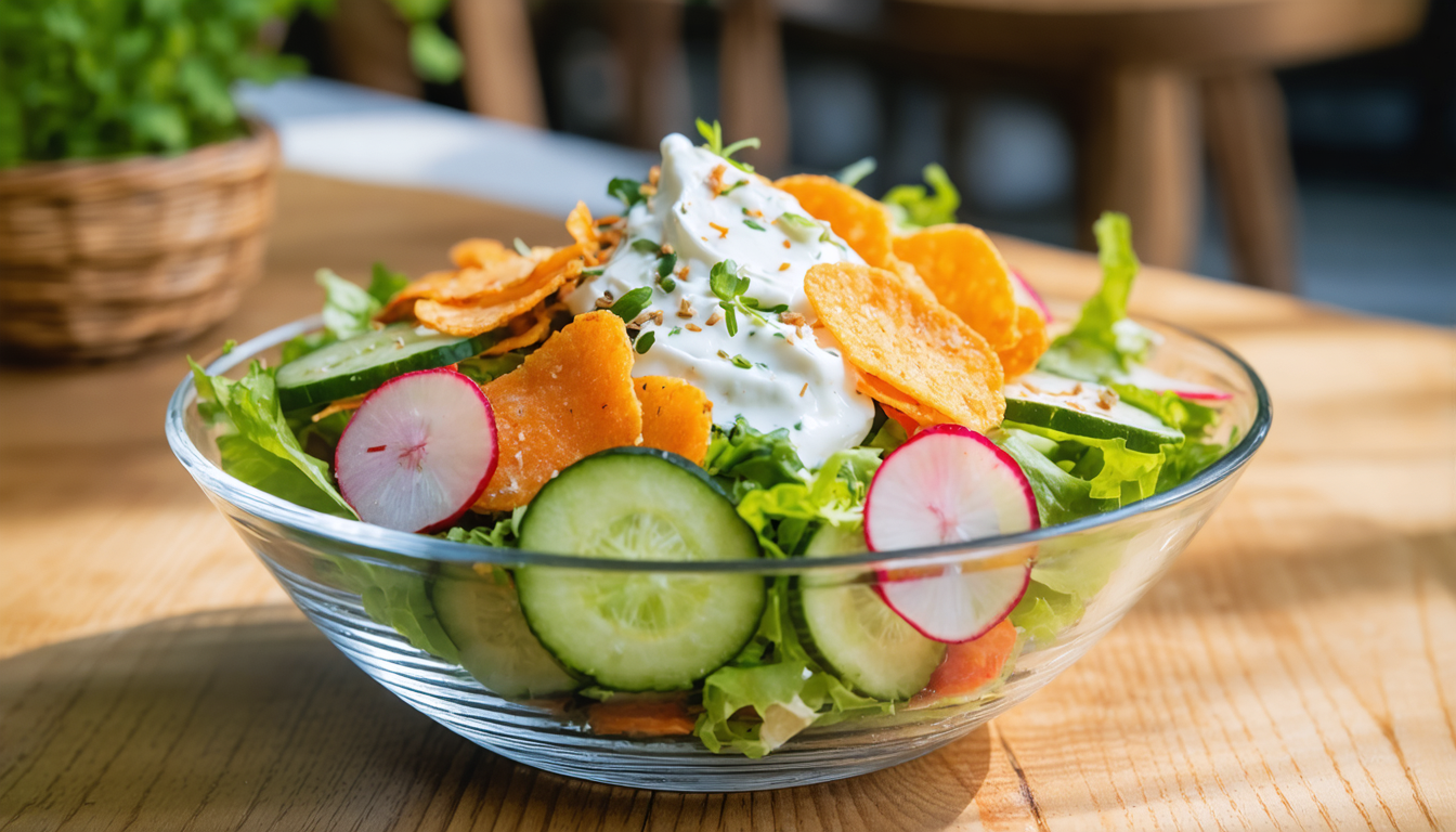 découvrez une recette express pour une salade croquante alliant concombre, radis, fromage frais et chips de carotte, parfaite pour un repas frais et léger.