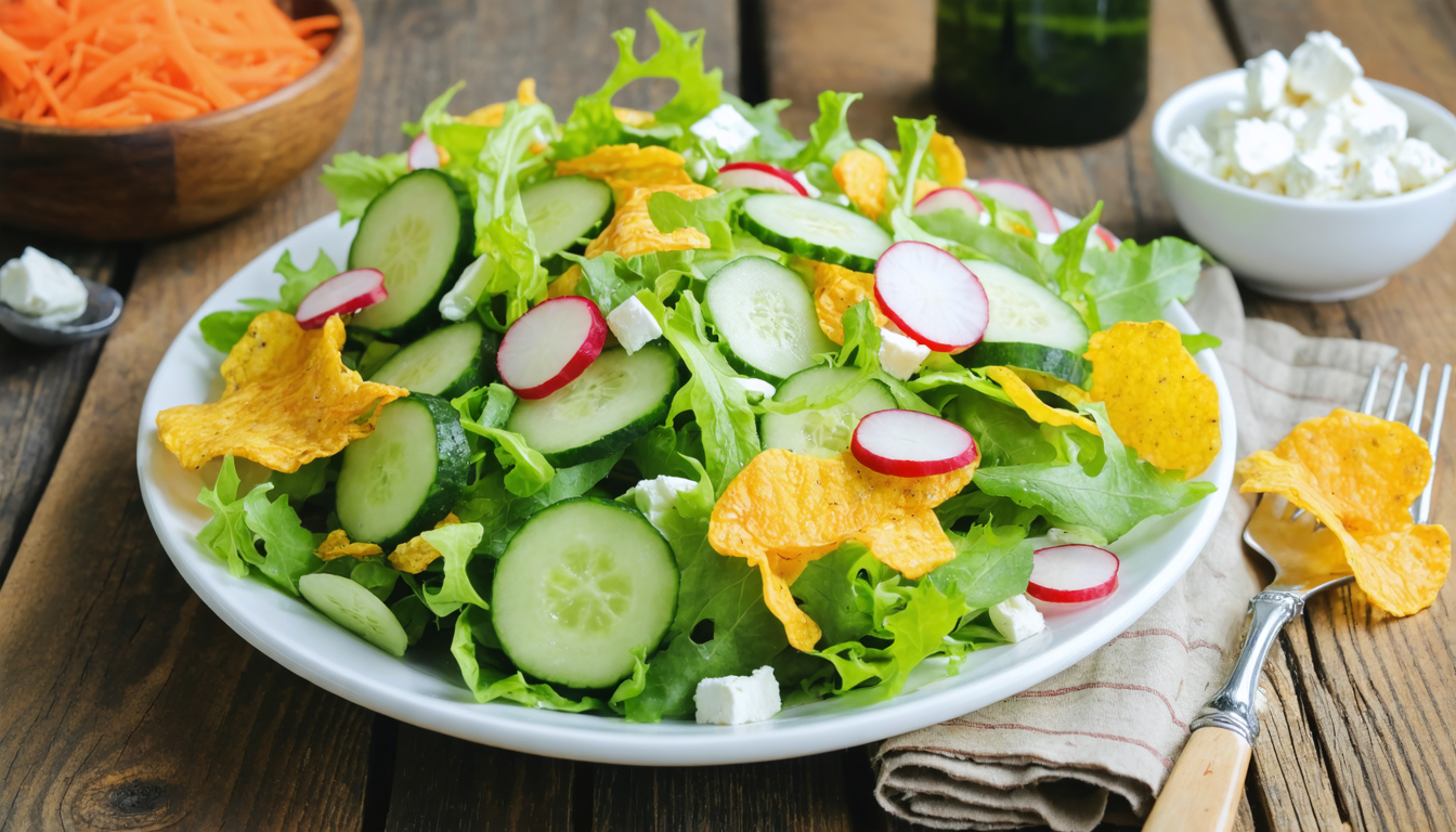 découvrez une recette express et fraîche : salade croquante de concombre, radis, fromage frais et chips de carotte, idéale pour un repas léger et gourmand.