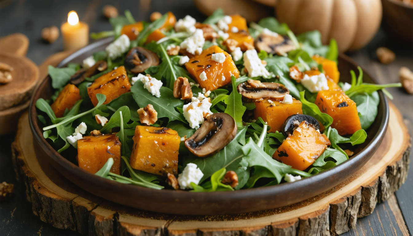 découvrez notre salade gourmande de butternut et champignons au fromage, une délicieuse explosion de saveurs automnales parfaite pour une pause fraîche et savoureuse.