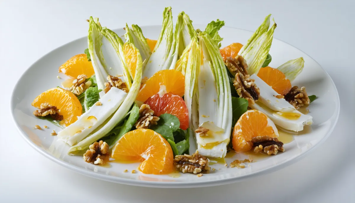 découvrez une salade croquante d’endives aux agrumes pétillants, garnie de noix croustillantes et de fromage de brebis fondant pour une explosion de saveurs et de textures.