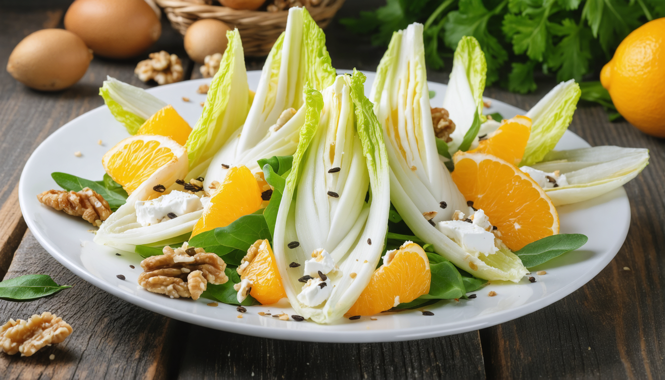 découvrez une salade croquante d’endives aux agrumes frais, accompagnée de noix croustillantes et de fromage de brebis fondant pour un équilibre parfait de saveurs et de textures.