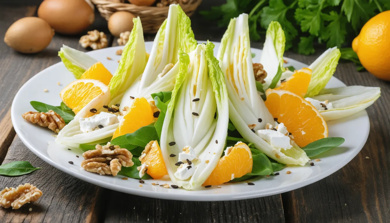 découvrez une salade croquante d’endives aux agrumes frais, accompagnée de noix croustillantes et de fromage de brebis fondant pour un équilibre parfait de saveurs et de textures.