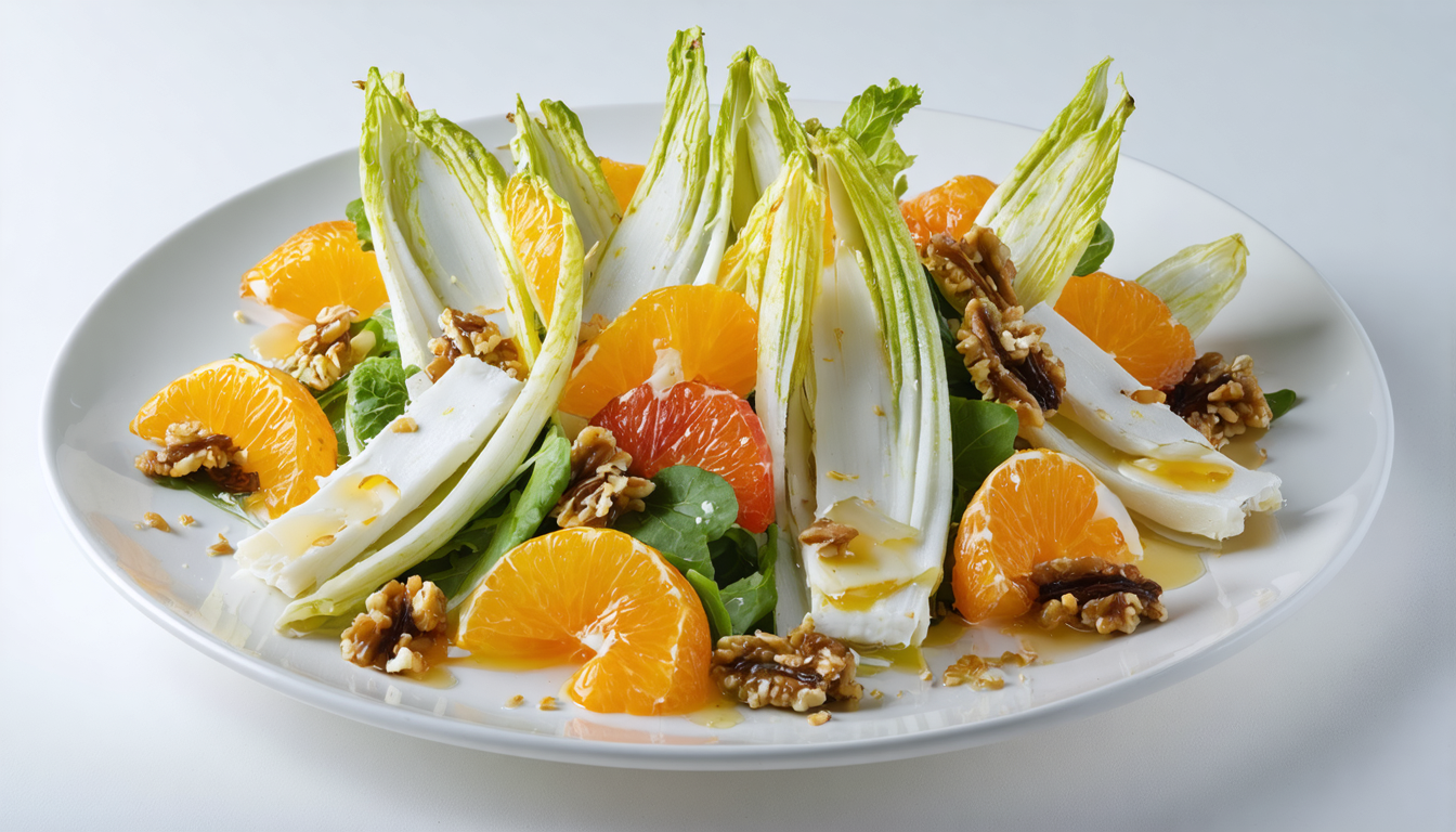 découvrez une salade croquante d’endives aux agrumes pétillants, garnie de noix croustillantes et de fromage de brebis fondant pour une explosion de saveurs et de textures.