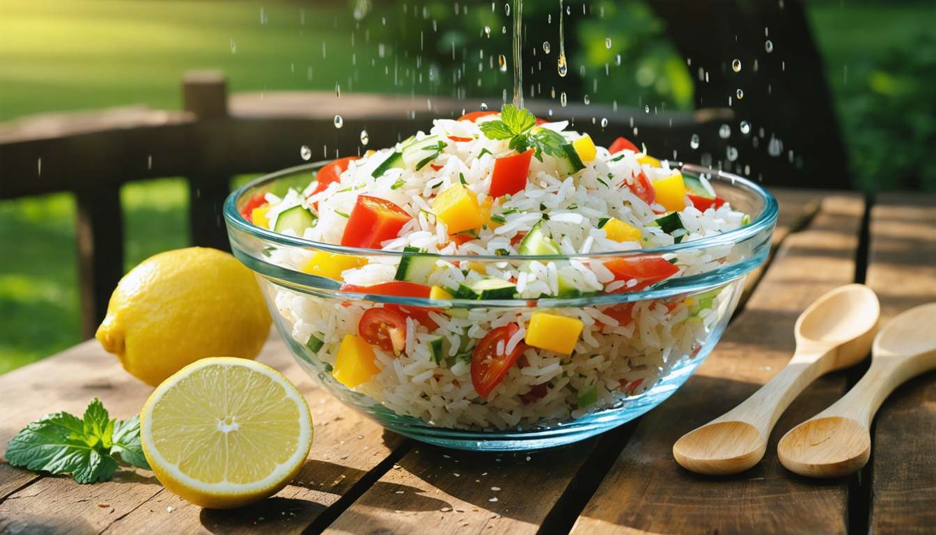 découvrez notre salade de riz express, idéale pour vos journées d'été : fraîche, savoureuse et prête en seulement 15 minutes pour un repas léger et rapide.