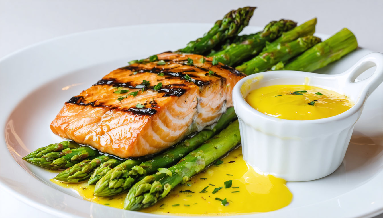 découvrez comment préparer un saumon grillé accompagné d'asperges vertes, sublimé par une sauce hollandaise allégée et savoureuse, idéale pour un repas sain et gourmand.
