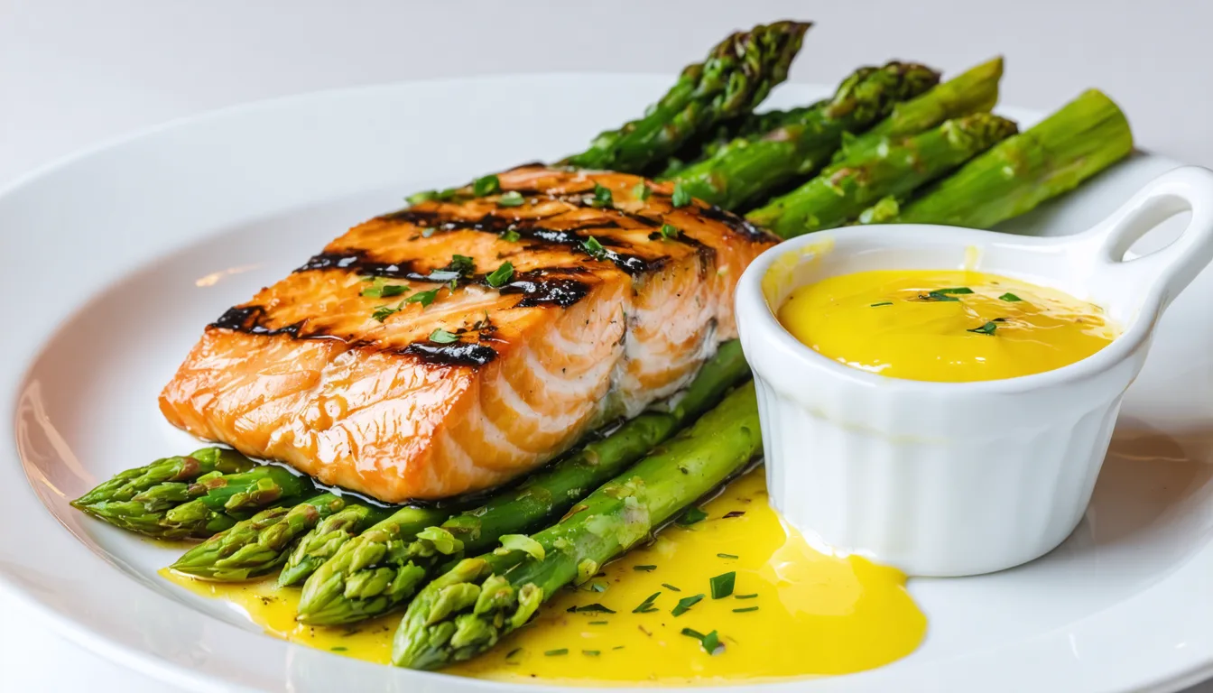 découvrez comment préparer un saumon grillé accompagné d'asperges vertes, sublimé par une sauce hollandaise allégée et savoureuse, idéale pour un repas sain et gourmand.