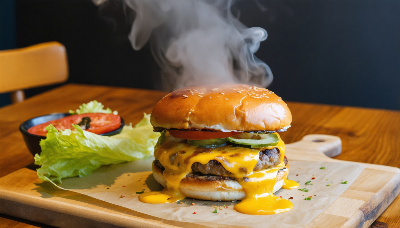 découvrez notre hamburger gourmand garni de fromage à raclette fondant, pour une expérience savoureuse et réconfortante à chaque bouchée.
