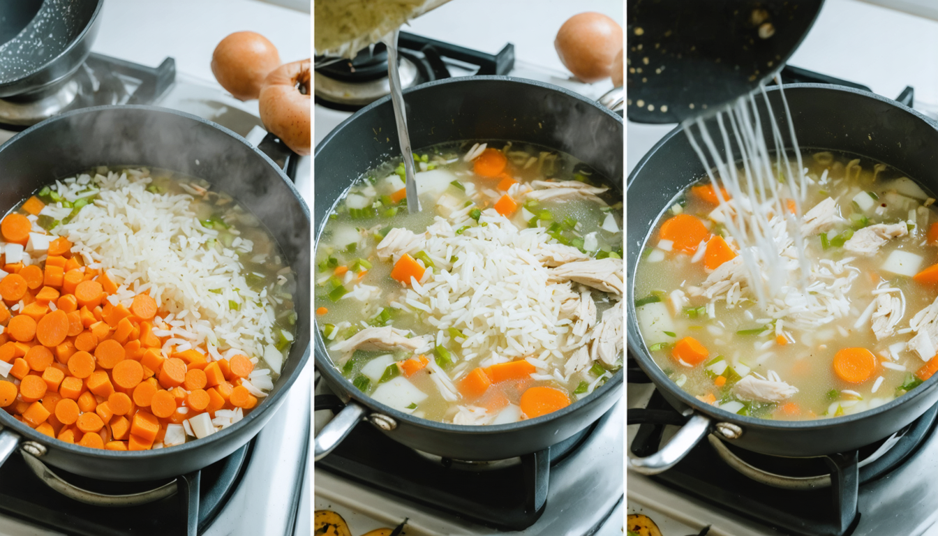 découvrez cette recette de soupe légère au poulet, mêlant délicatement le riz et les carottes pour un repas sain et savoureux, parfait pour toute occasion.