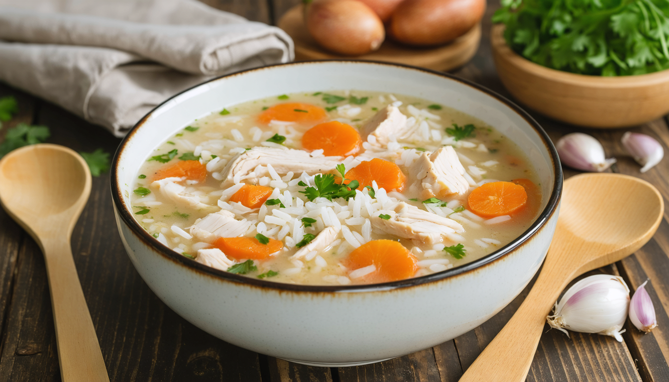 découvrez une soupe légère au poulet, riche en saveurs avec du riz et des carottes, idéale pour un repas sain et réconfortant.