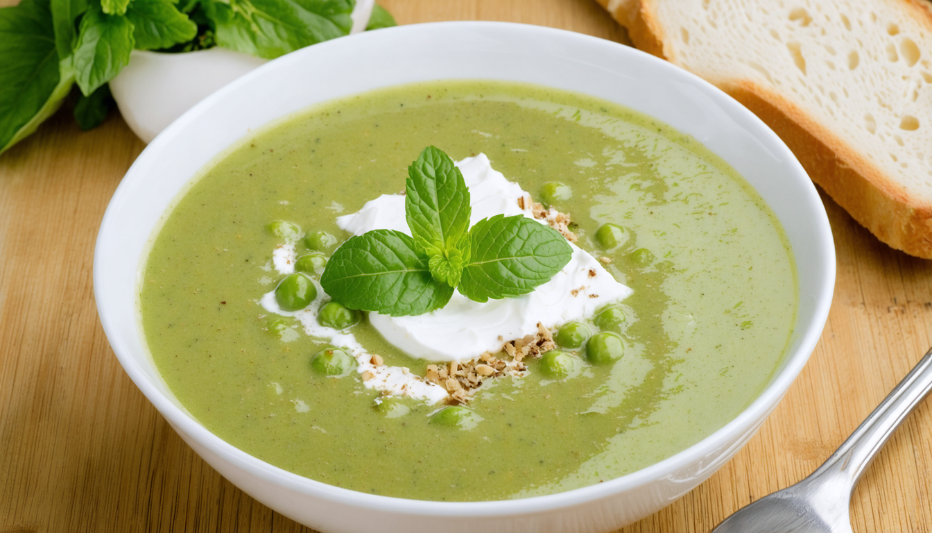 découvrez notre recette facile et rapide de soupe onctueuse de petits pois à la menthe fraîche, rehaussée par un fromage frais délicat pour un plaisir gourmand et rafraîchissant.