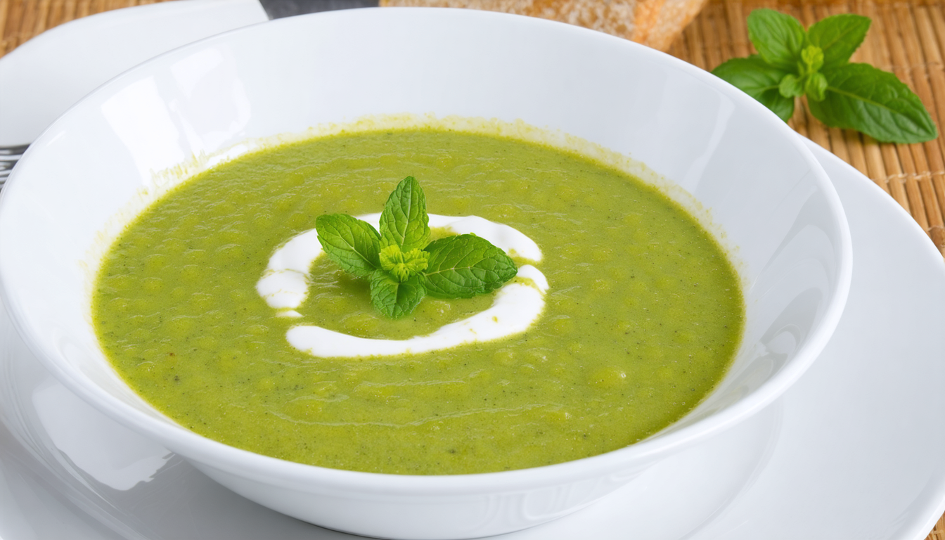 découvrez notre soupe onctueuse de petits pois à la menthe fraîche, agrémentée d'un fromage frais délicat pour une saveur légère et rafraîchissante, parfaite pour toutes les saisons.