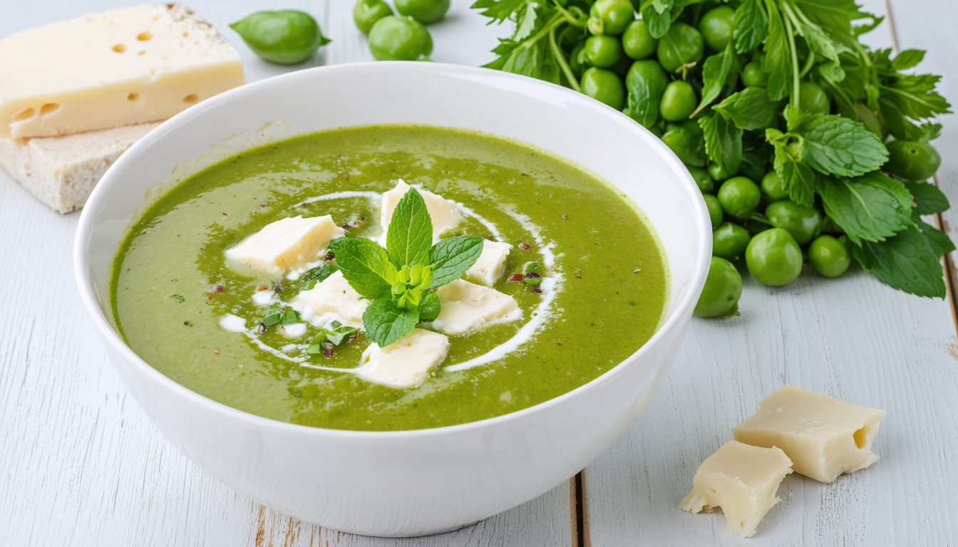 découvrez notre recette de soupe onctueuse aux petits pois, relevée d'une touche de menthe fraîche et agrémentée de fromage frais délicat pour une douceur incomparable.