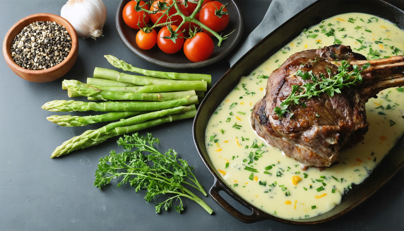 découvrez une souris d'agneau fondante, délicatement nappée d'une crème de fromage onctueuse, servie avec des légumes printaniers frais pour un repas gourmand et raffiné.
