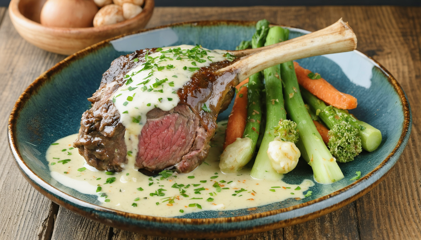 découvrez notre souris d'agneau fondante, délicatement nappée d'une crème de fromage onctueuse, servie avec des légumes printaniers frais pour un plat savoureux et raffiné.