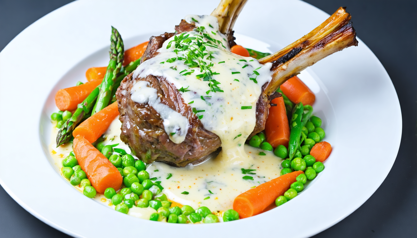 découvrez notre souris d'agneau fondante, délicatement nappée d'une crème de fromage onctueuse, accompagnée de légumes printaniers frais pour un repas savoureux et raffiné.