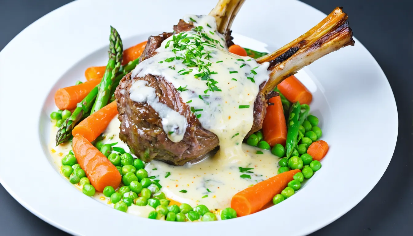 découvrez notre souris d'agneau fondante, délicatement nappée d'une crème de fromage onctueuse, accompagnée de légumes printaniers frais pour un repas savoureux et raffiné.