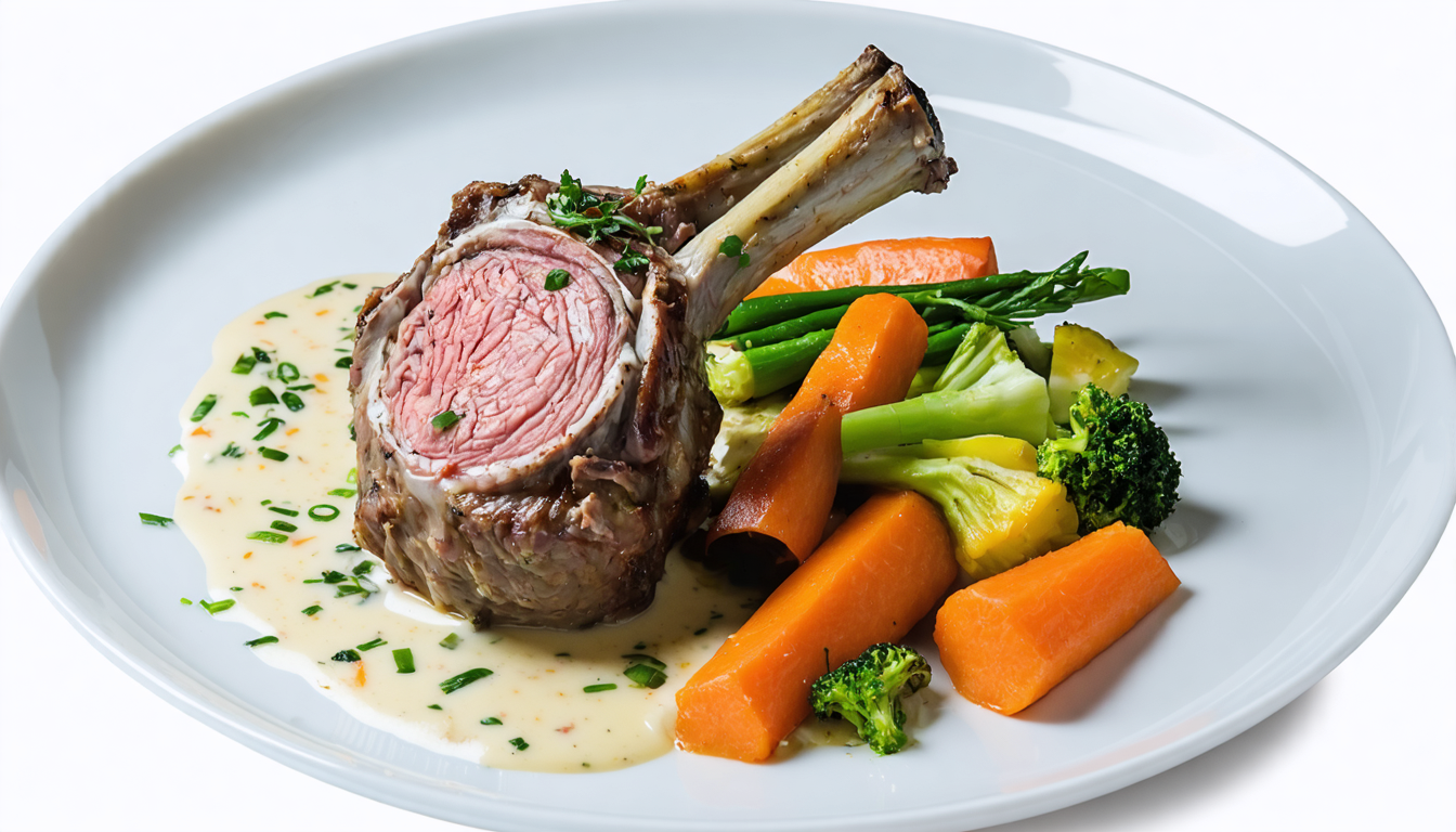 dégustez une souris d'agneau fondante, nappée d'une crème de fromage onctueuse, accompagnée de légumes printaniers frais pour un repas savoureux et raffiné.