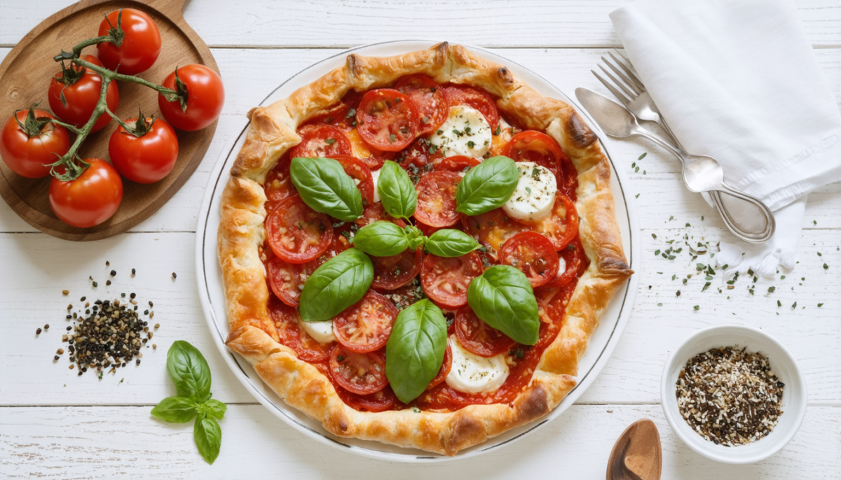 découvrez notre tarte estivale aux tomates cerises, chorizo et mozzarella, une entrée fraîche et légère parfaite pour vos repas d'été.