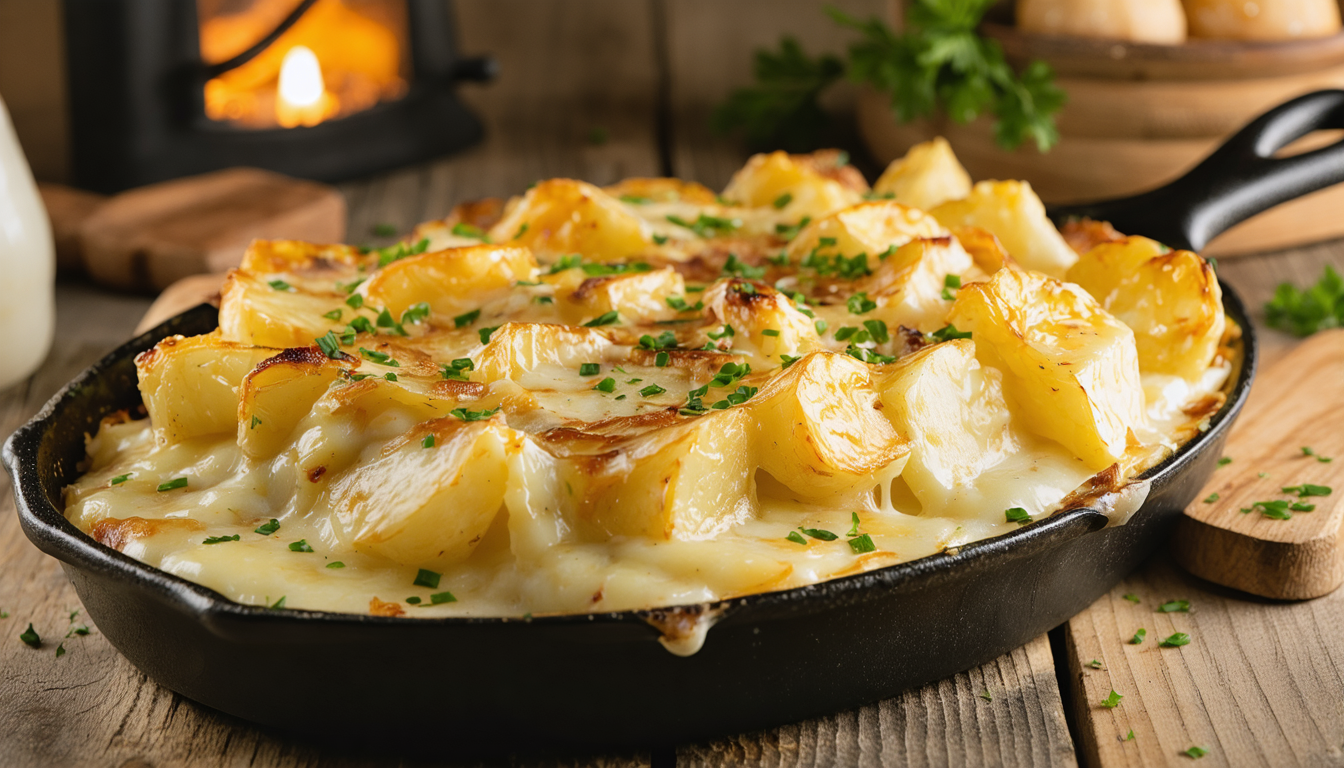 découvrez notre tartiflette authentique avec des pommes de terre dorées et un reblochon crémeux qui fond délicieusement en bouche pour un repas savoureux et réconfortant.