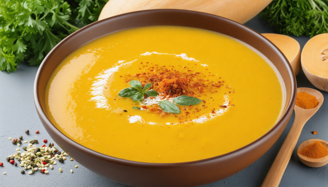 découvrez la recette maison gourmande du velouté de butternut au fromage frais et épices 4 saisons, un plat réconfortant et savoureux parfait pour toutes les occasions.
