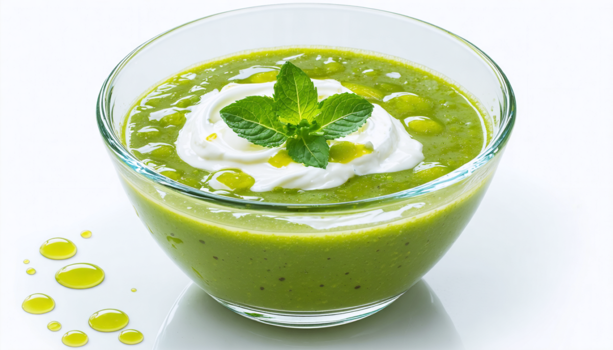 découvrez la recette estivale idéale : un velouté frais de petits pois accompagné d'un fromage fouetté onctueux, parfait pour une entrée légère et savoureuse.