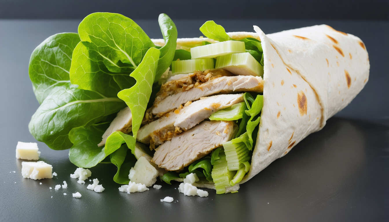 découvrez notre recette saine et gourmande de wrap frais au poulet, céleri croquant, feta fondante et mâche, parfaite pour un repas équilibré et savoureux.