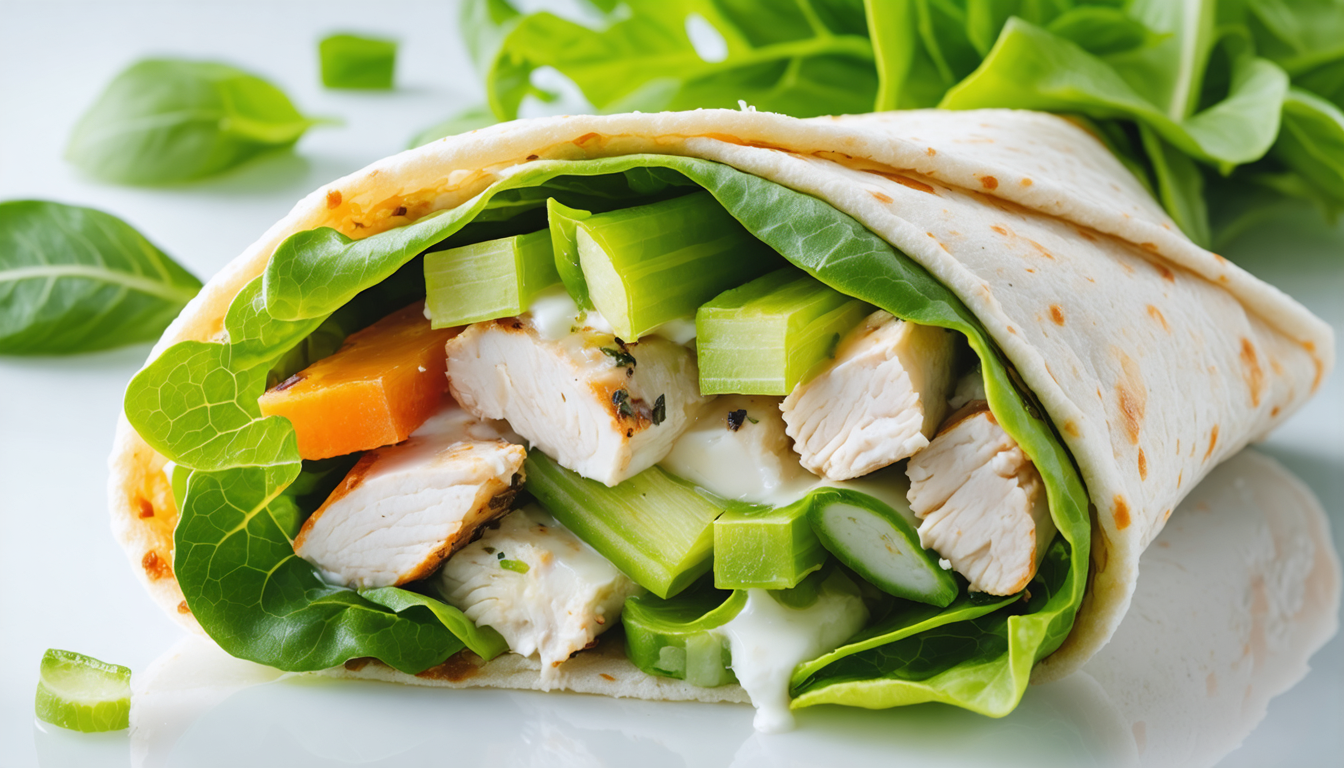 découvrez notre recette saine et gourmande de wrap frais au poulet, céleri croquant, feta fondante et mâche, parfaite pour un repas léger et savoureux.