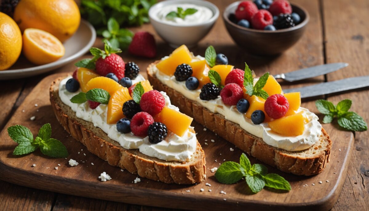 Délice express : tartine fraîche aux fruits, fromage blanc et touche de menthe