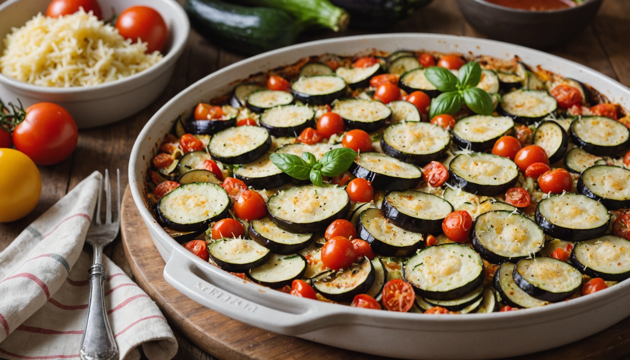 Gratin d'été léger aux saveurs méditerranéennes : tomates, aubergines et courgettes sublimés au parmesan